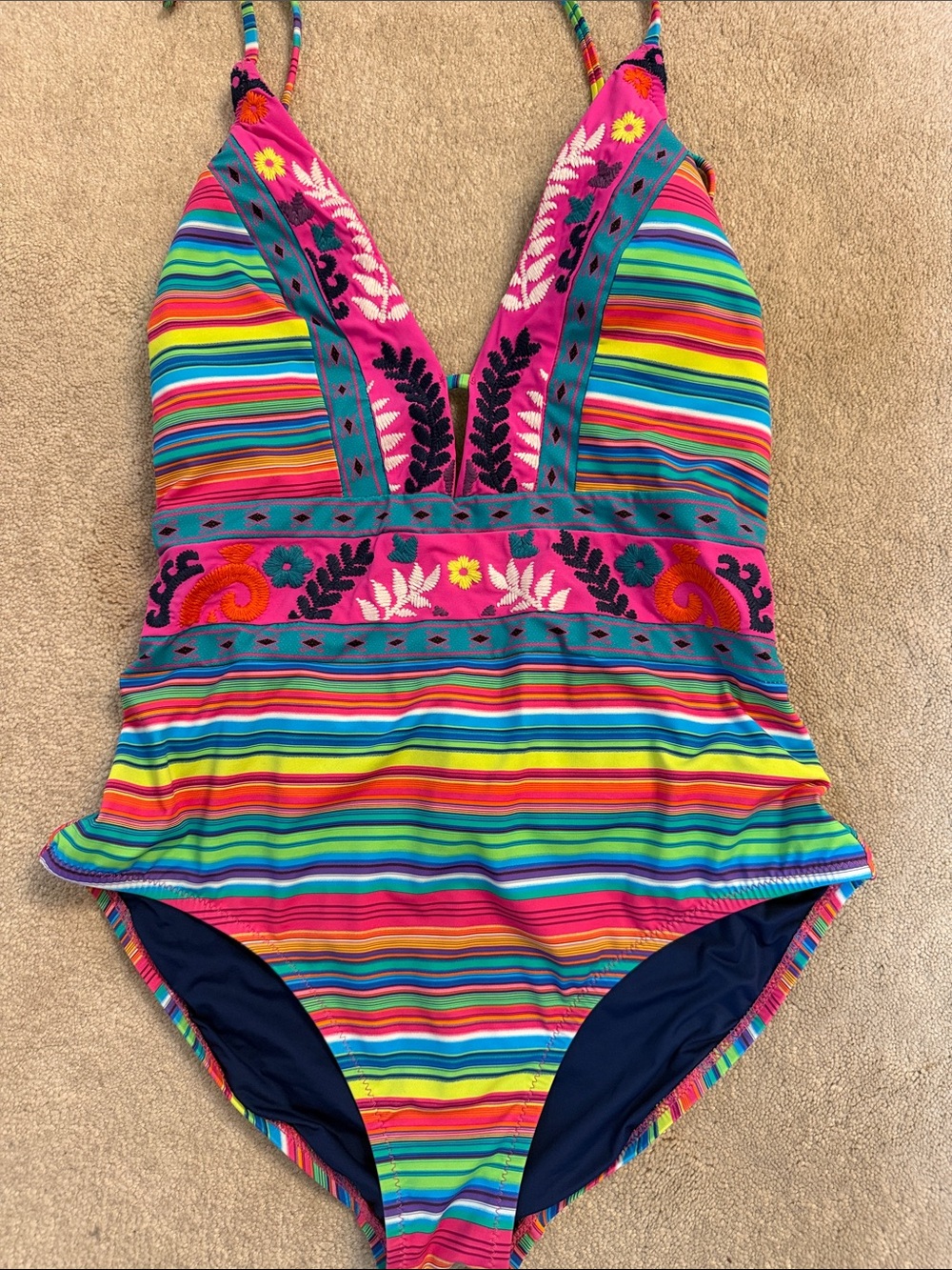 Nanette Lepore Pink Multicolor Stripe One-Piece Swimsuit with Embroidered Detail